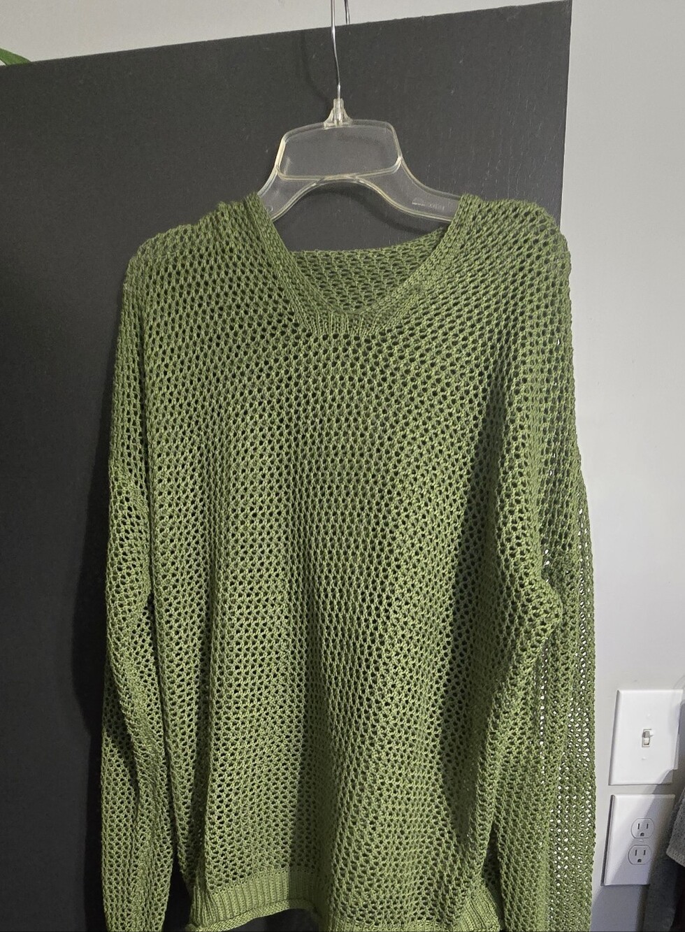 Olive Green Open-Knit V-Neck Sweater